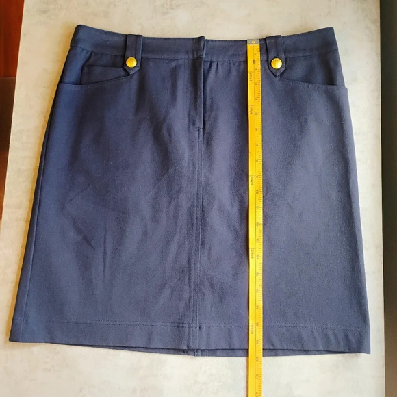 J McLaughlin Nautical Preppy Navy Blue Mini Pencil Skirt Compass Buttons Size 12 - Picture 10 of 12